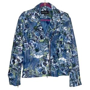 Colleen Lopez Floral Faux Leather Moto Jacket Blue Women's XL